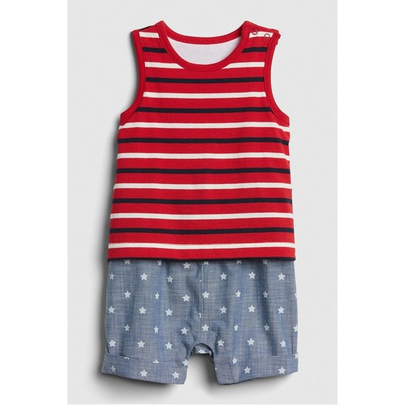 Baby Gap Printed 2 in 1 Sz 6-12 Mo NEW Blue Red White Chambray Striped One Piece - Picture 1 of 2
